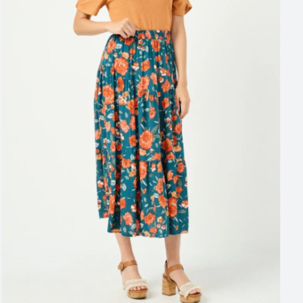 Hayden LA Floral Midi Skirt Teal Elastic Waist Tiered Like New Women's Small S